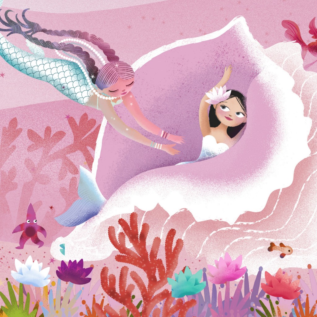 Mermaids playing hide and seek in a sea shell