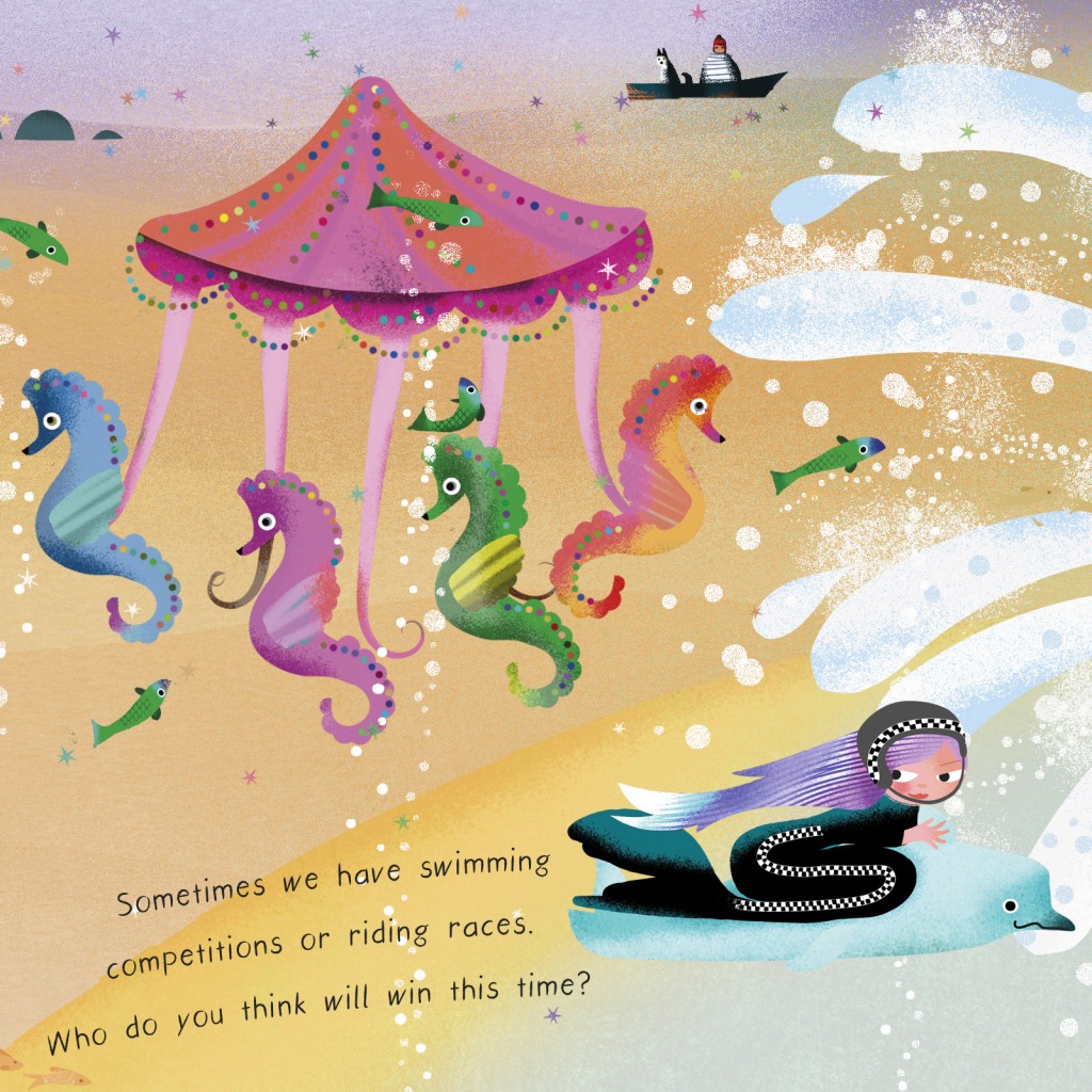 Mermaids racing by a Seahorse Carousel