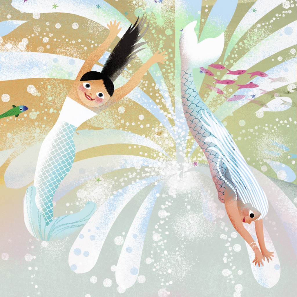 Mermaids jumping from a water fountain on top of a big whale