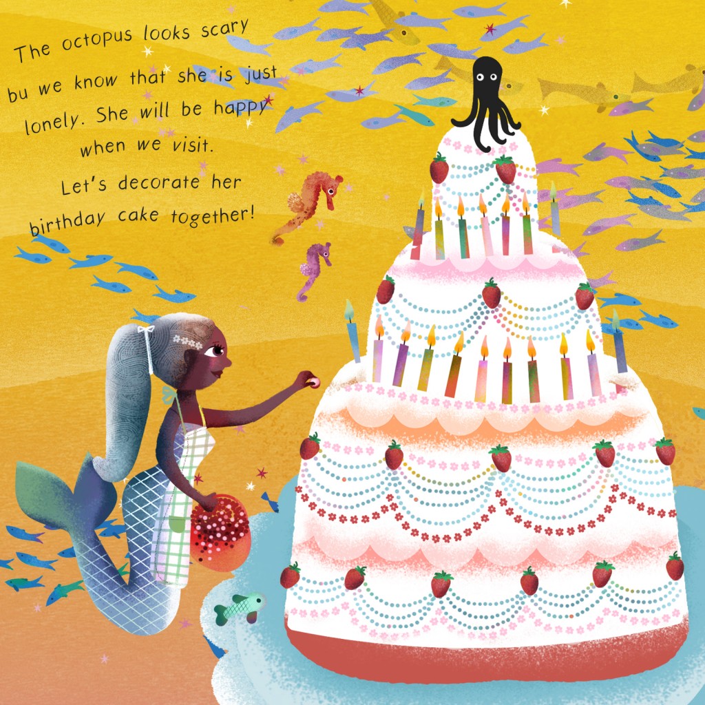 A mermaid decorating the Octopus's birthday cake